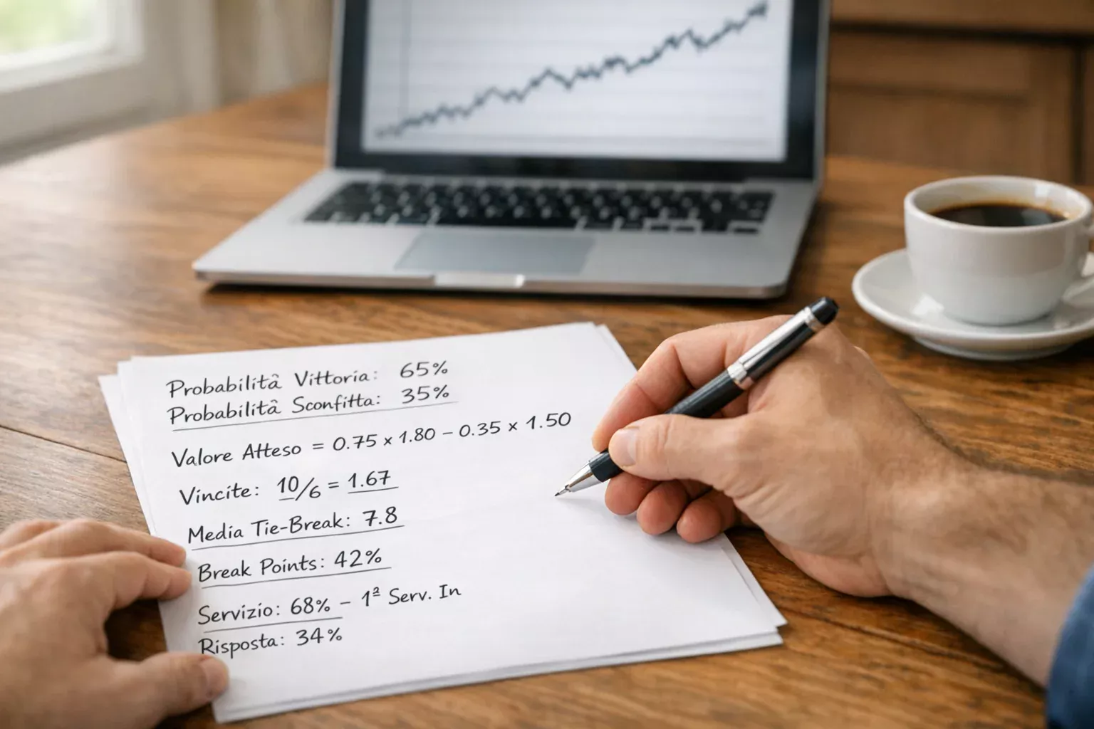 Analista che studia statistiche tennistiche su monitor con grafici