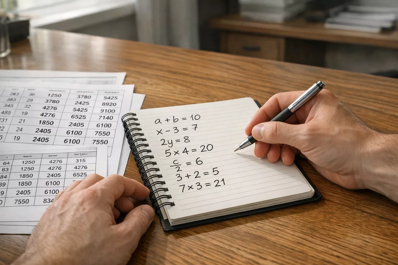 Persona che analizza documenti con appunti e penna su scrivania