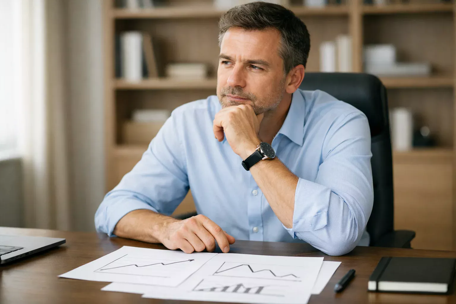 Persona pensierosa che esamina grafici e documenti alla scrivania