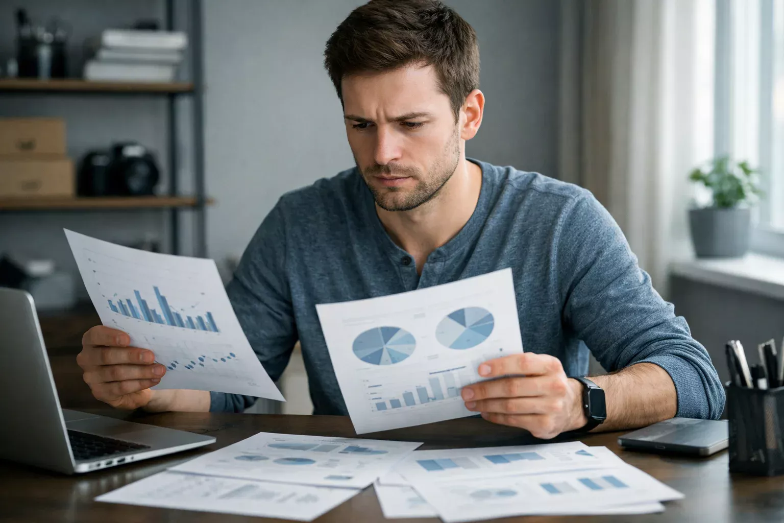 Persona concentrata che riflette davanti a documenti di analisi
