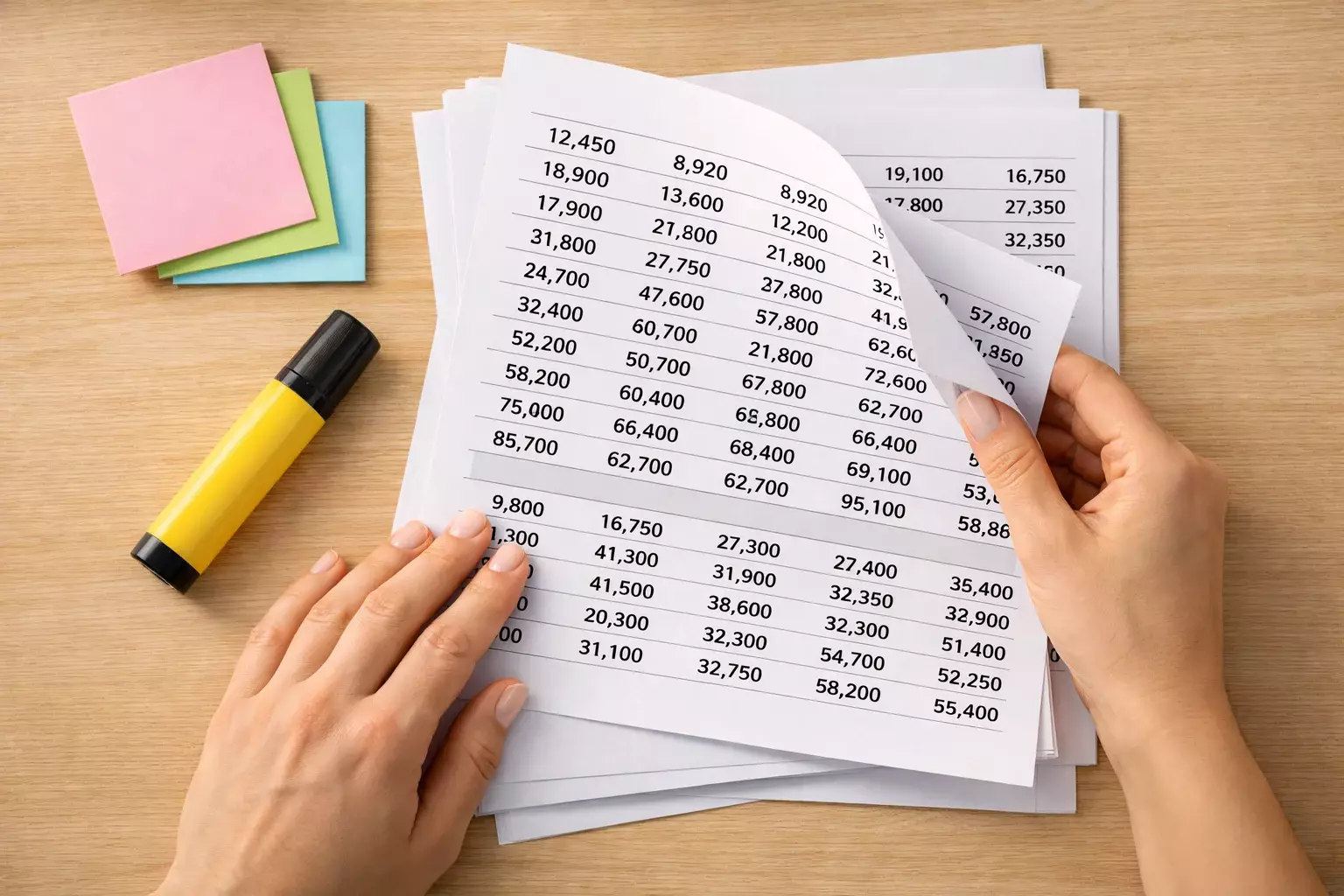 Persona che studia documenti con dati numerici e appunti