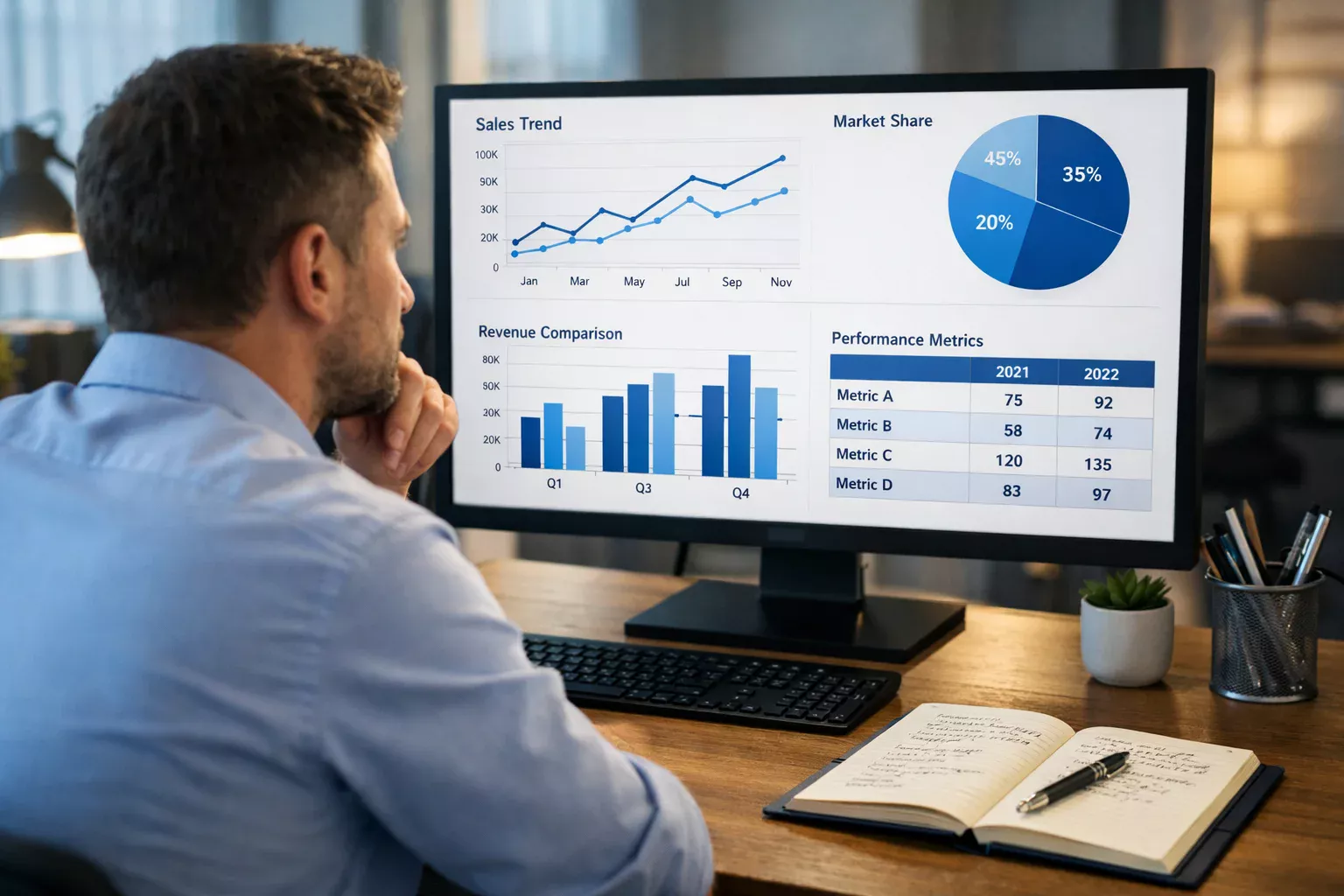 Analista sportivo che confronta statistiche di giocatori su schermo
