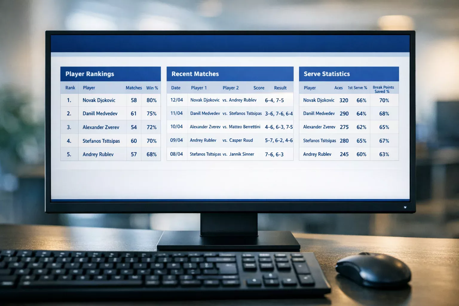 Schermo di computer con database di statistiche tennistiche
