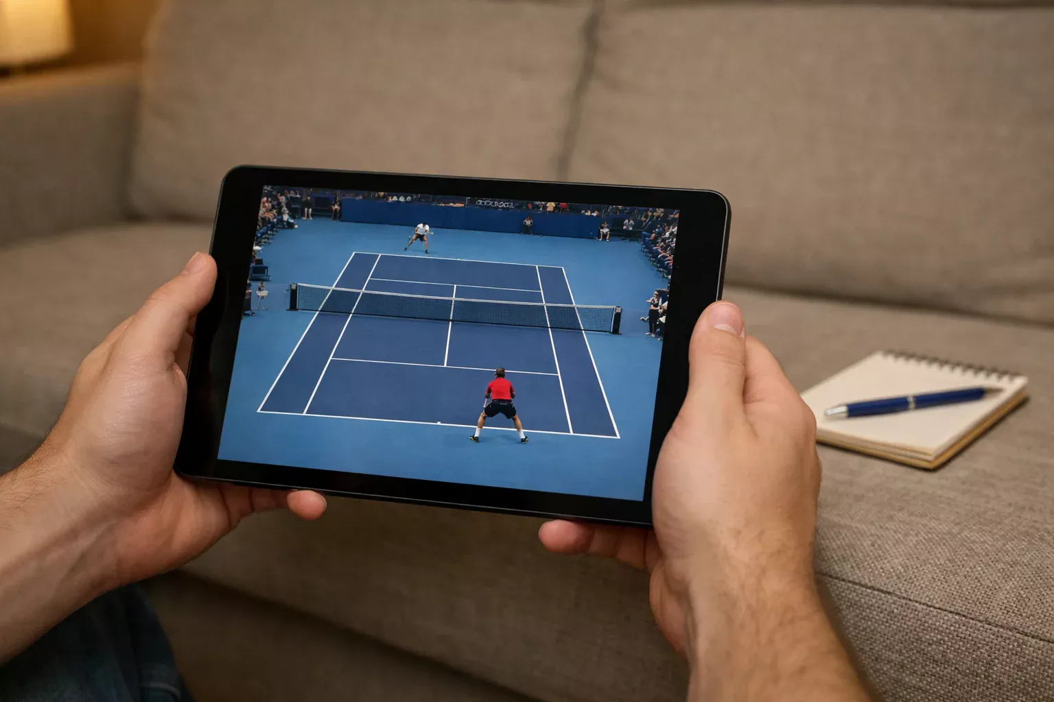Persona che guarda un match di tennis dal vivo su tablet analizzando dati