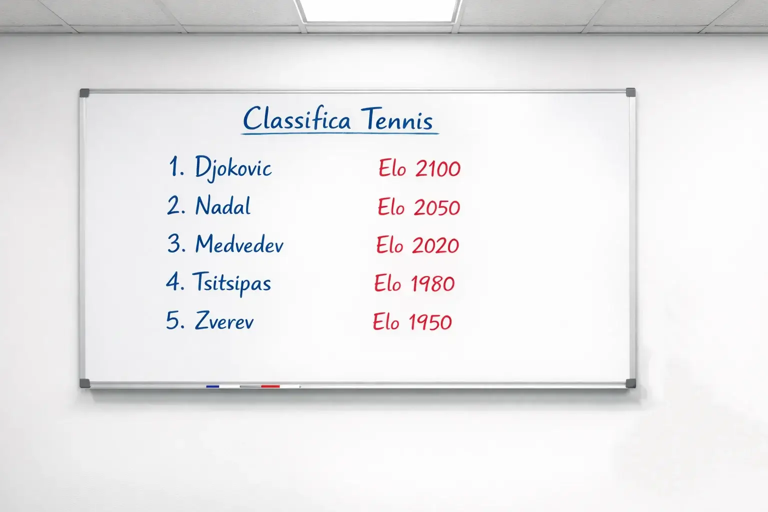 Classifica di tennisti scritta a mano su una lavagna bianca in ambiente sportivo