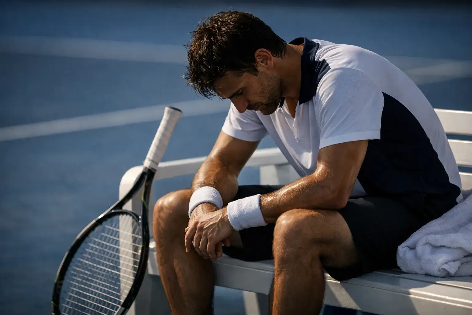 Giocatore di tennis seduto in panchina con la testa tra le mani e la racchetta appoggiata accanto