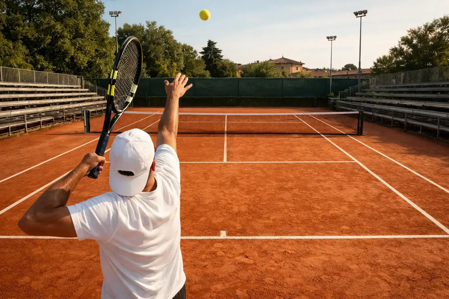 Piccolo campo da tennis all'aperto durante un torneo minore con tribune semivuote e giocatore in azione