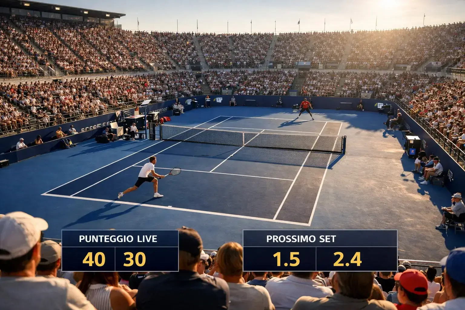 Partita di tennis dal vivo su campo in cemento vista dalla tribuna con tabellone segnapunti