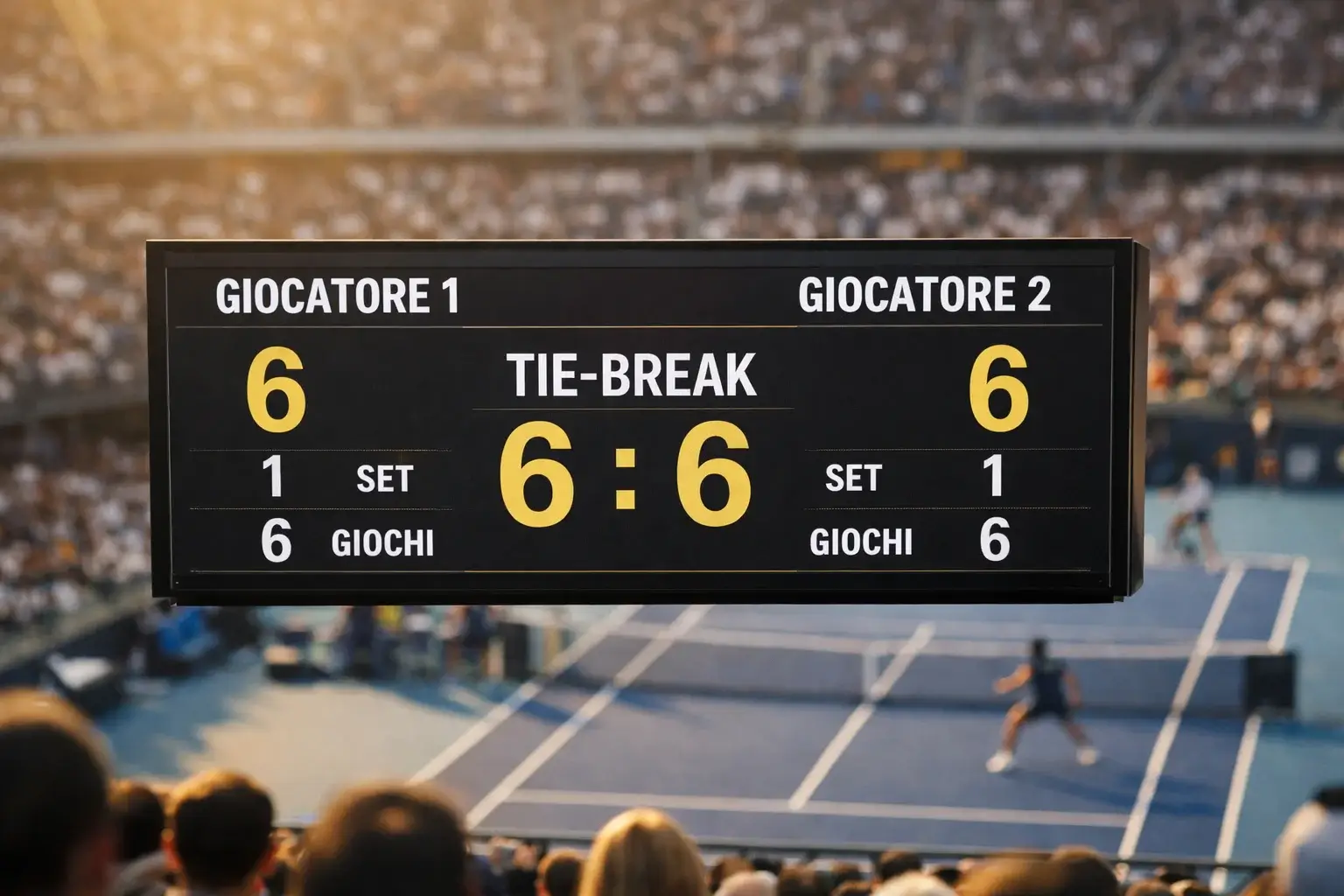 Tabellone segnapunti di un match di tennis con punteggio al tiebreak visto dalla tribuna dello stadio