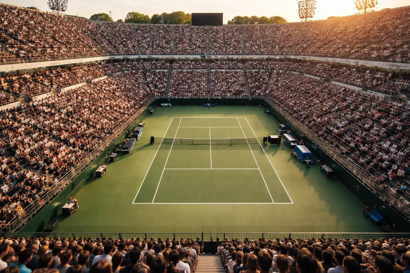 Vista dall'alto di un campo da tennis durante un match con il tabellone che mostra il punteggio dei set