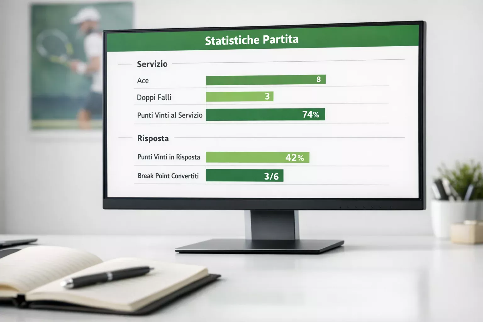 Schermo con statistiche dettagliate di un match di tennis professionistico