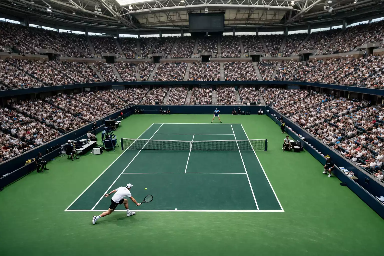 Campo da tennis professionale durante un torneo con pubblico sugli spalti