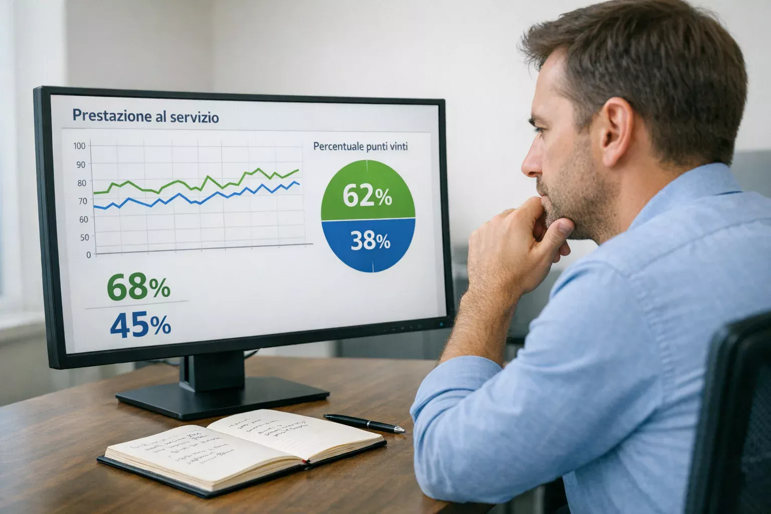 Analista che studia statistiche tennistiche su monitor con grafici