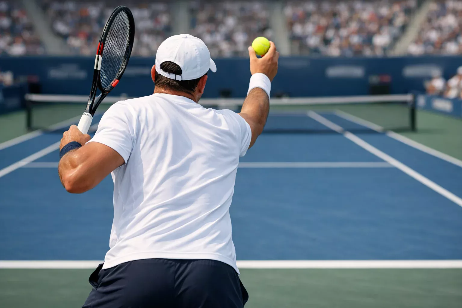 Giocatore di tennis durante il servizio visto da dietro la linea di fondo