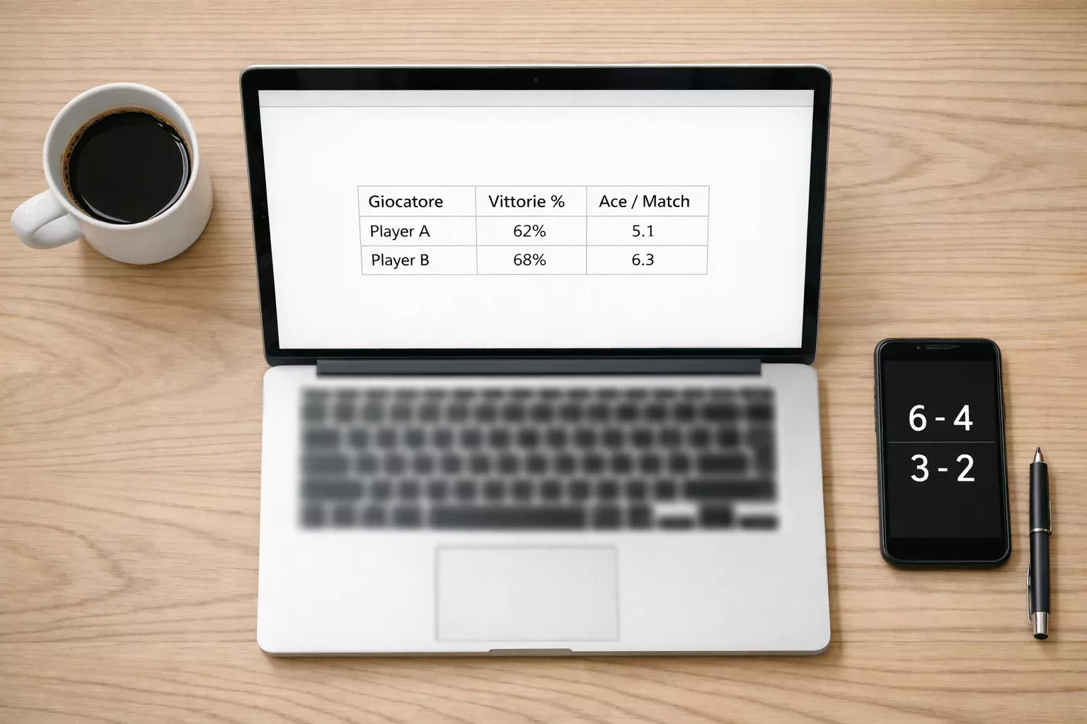 Laptop con foglio di calcolo contenente statistiche di partite di tennis