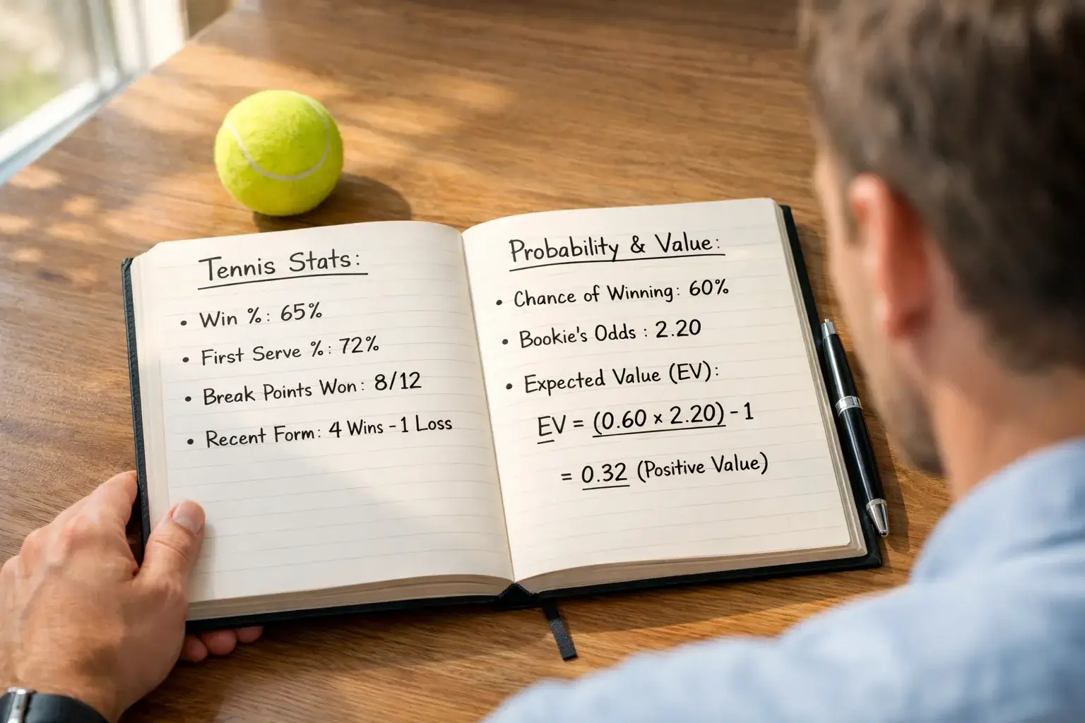 Analista sportivo che studia statistiche di tennis su un quaderno con appunti e dati